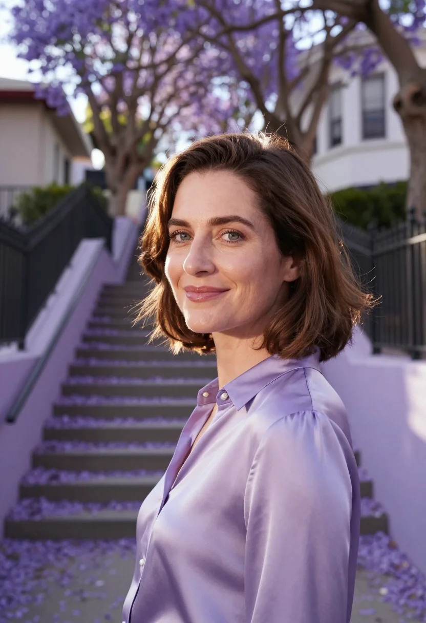 AI silver lake actress jacaranda sample — portrait of a woman, framed tight, head and shoulders, the b