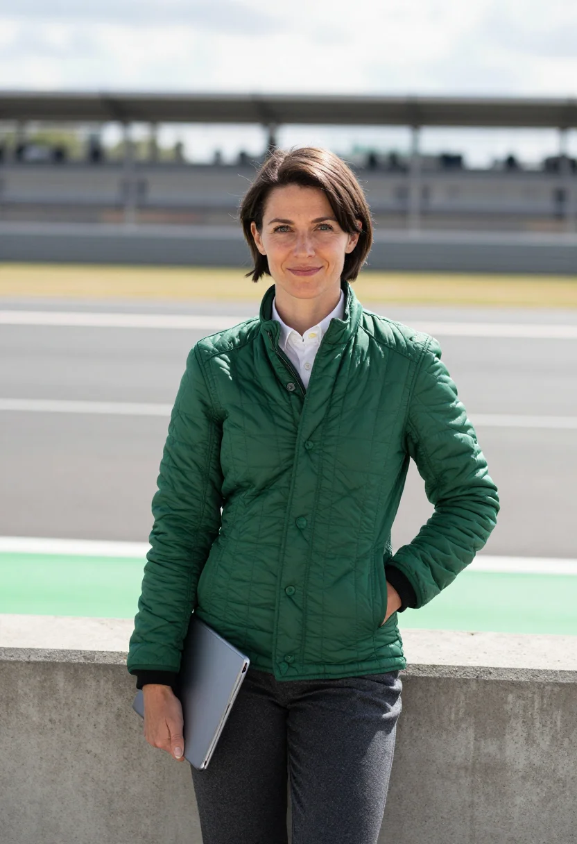 AI silverstone race engineer pit wall green sample — portrait of a woman, a race engineer in her forties of Welsh