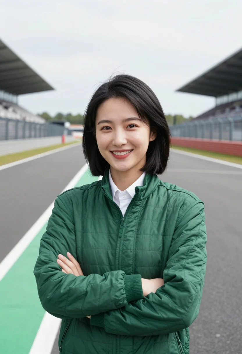 AI silverstone race engineer pit wall green sample — portrait of a woman, a race engineer in her twenties of Chin