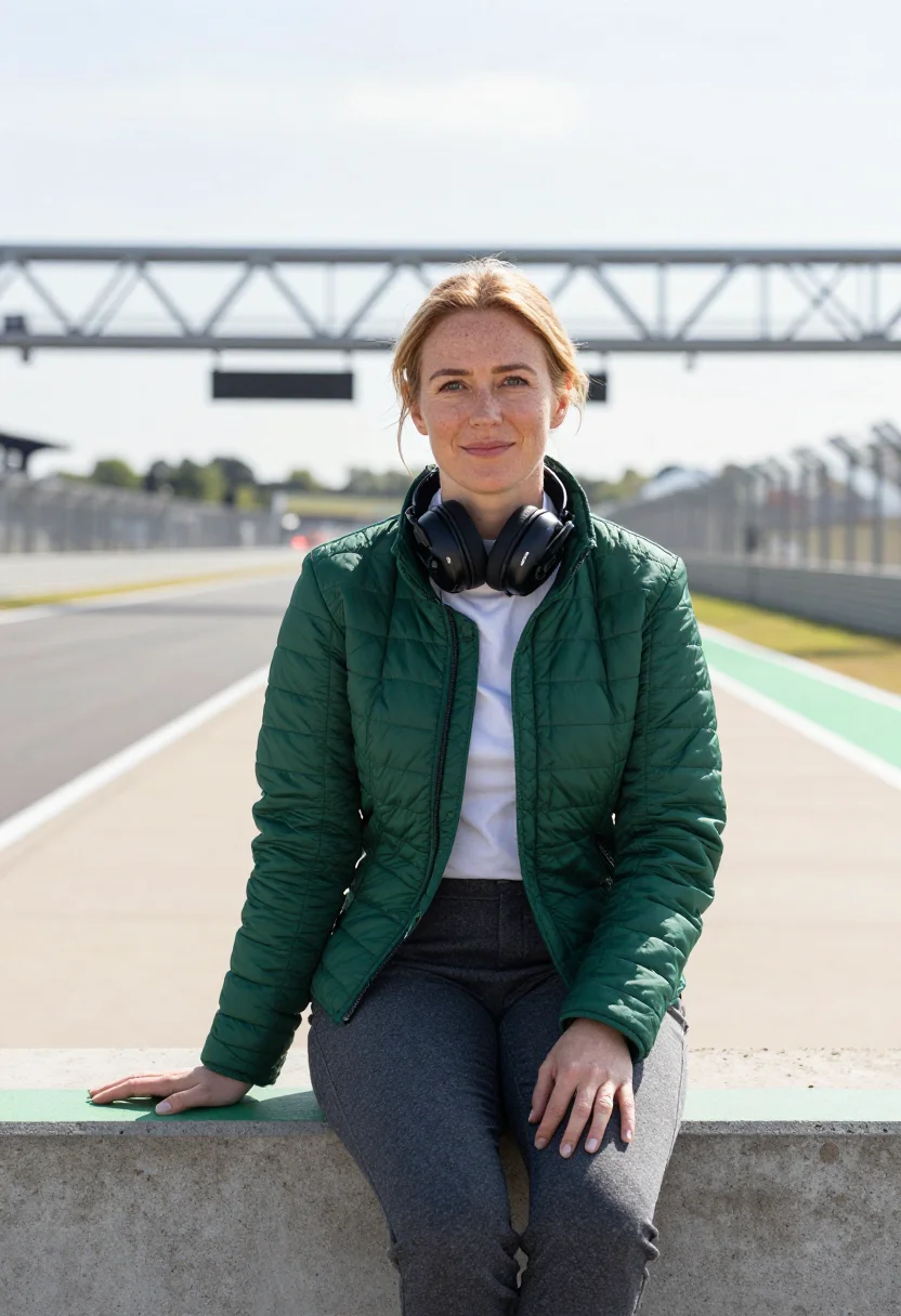 AI silverstone race engineer pit wall green sample — portrait of a woman, a race engineer in her forties of Scott