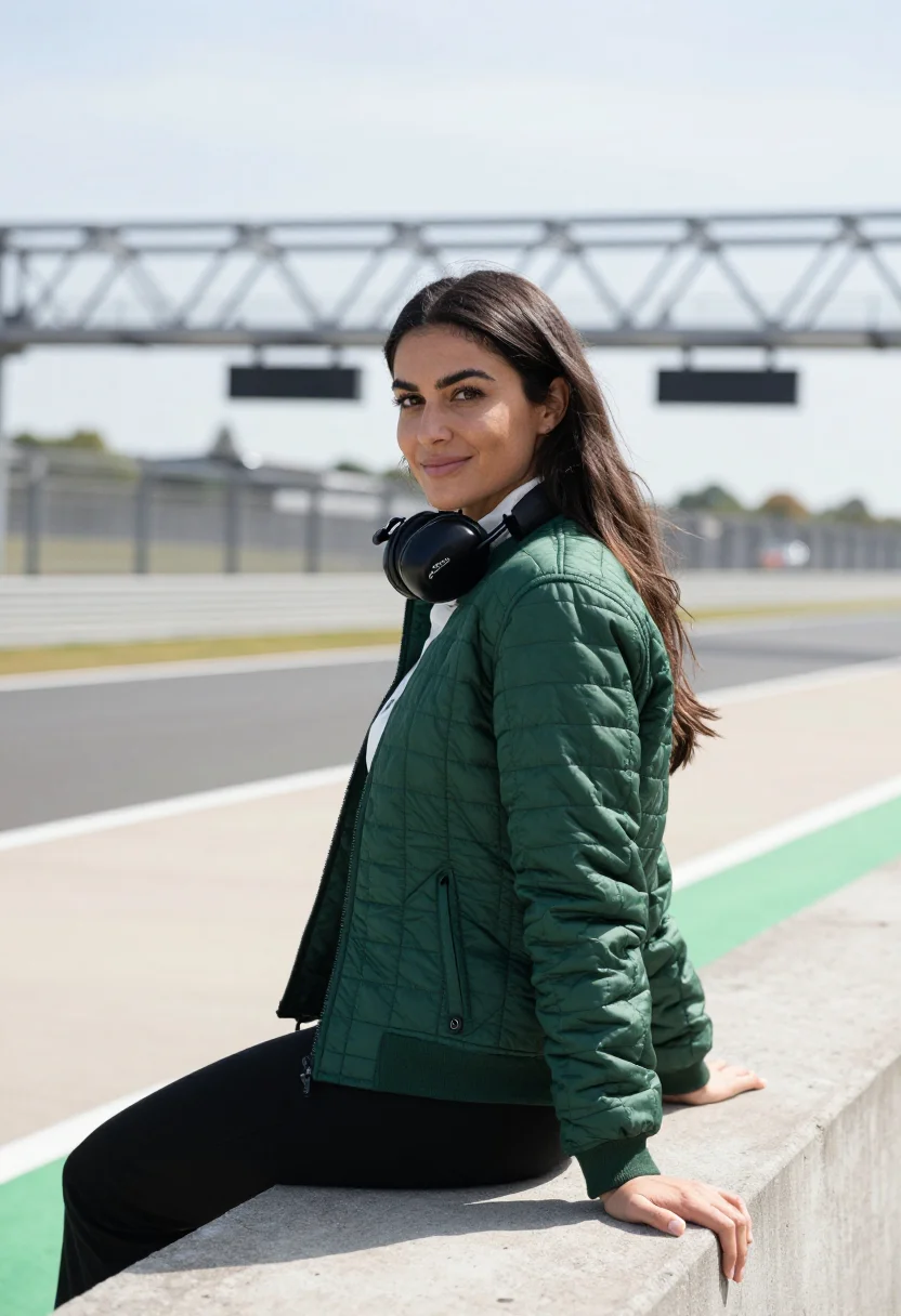 AI silverstone race engineer pit wall green sample — portrait of a woman, a race engineer in her late twenties of