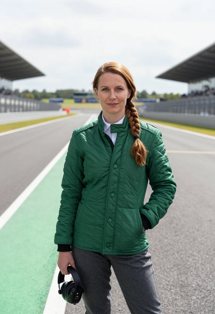 AI silverstone race engineer pit wall green sample — portrait of a woman, a race engineer in her forties of Irish