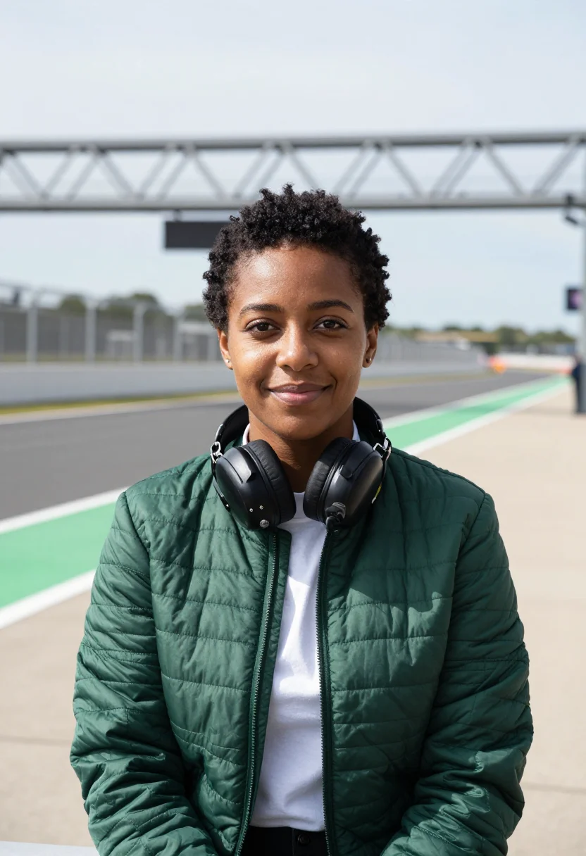AI silverstone race engineer pit wall green sample — portrait of a woman, a race engineer in her thirties of Jama
