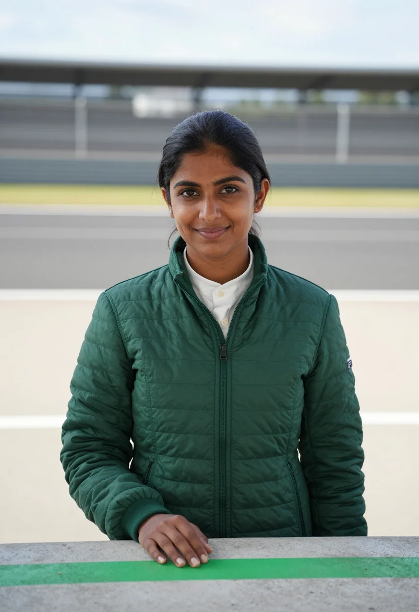 AI silverstone race engineer pit wall green sample — portrait of a woman, a race engineer in her late twenties of