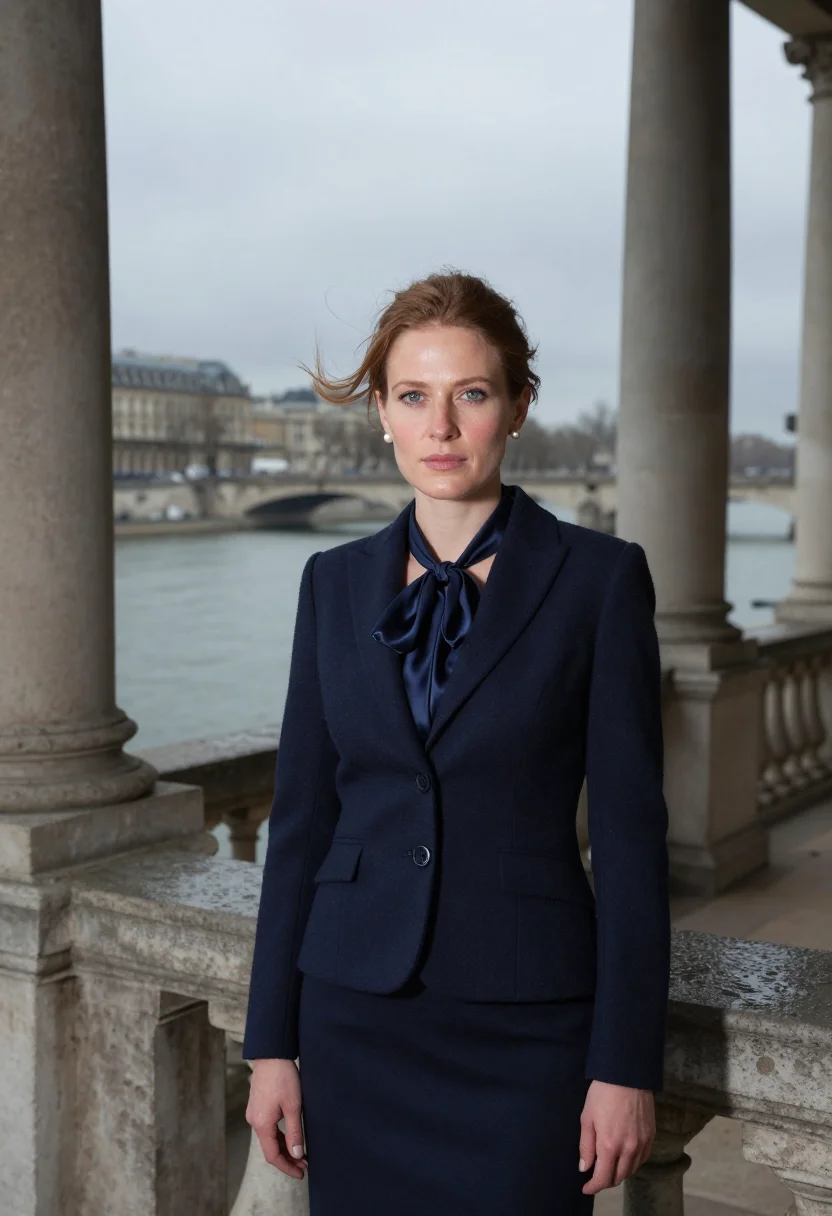 AI simone veil palais bourbon navy sample — portrait of a woman, framed chest-up, cropped at the ribs, t