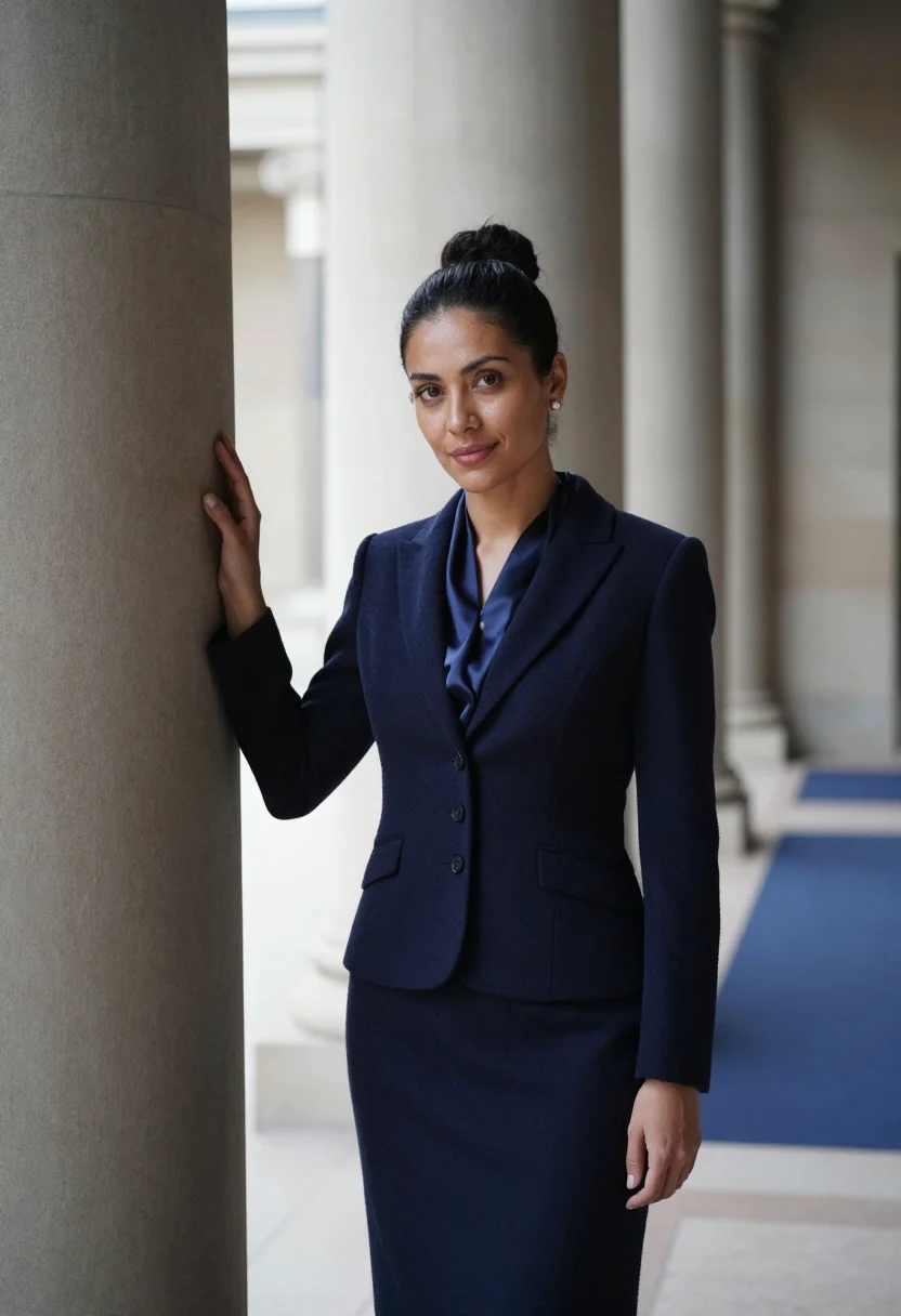 AI simone veil palais bourbon navy sample — portrait of a woman, framed half-length, cropped at the hips