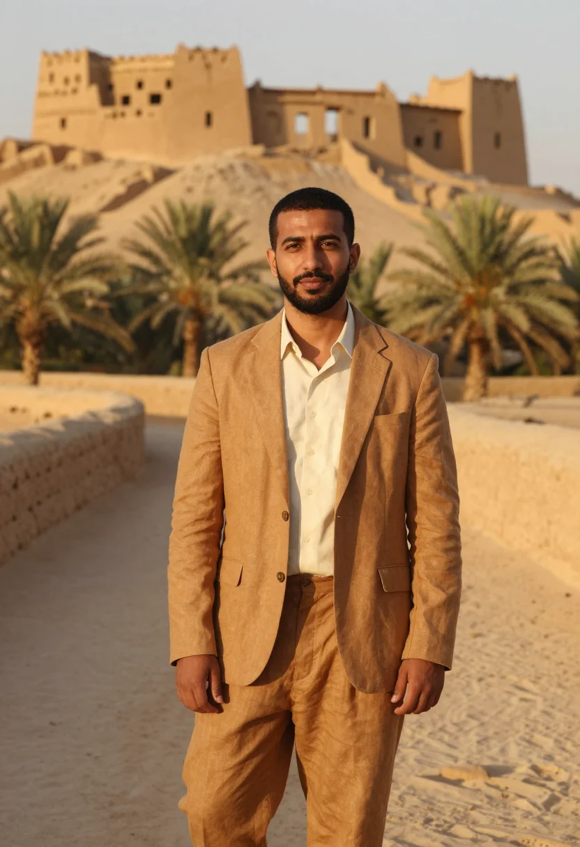 AI siwa oasis hotelier salt mud kershef sample — portrait of a man, an Egyptian hotelier in his late thirties