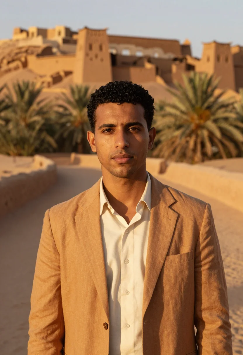 AI siwa oasis hotelier salt mud kershef sample — portrait of a man, a Siwan Amazigh hotelier in his late twen