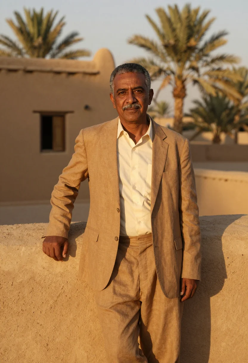 AI siwa oasis hotelier salt mud kershef sample — portrait of a man, an Egyptian hotelier in his early fifties