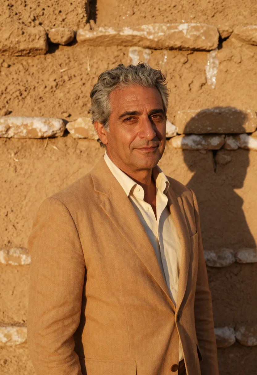 AI siwa oasis hotelier salt mud kershef sample — portrait of a man, an Italian hotelier in his mid-fifties wi
