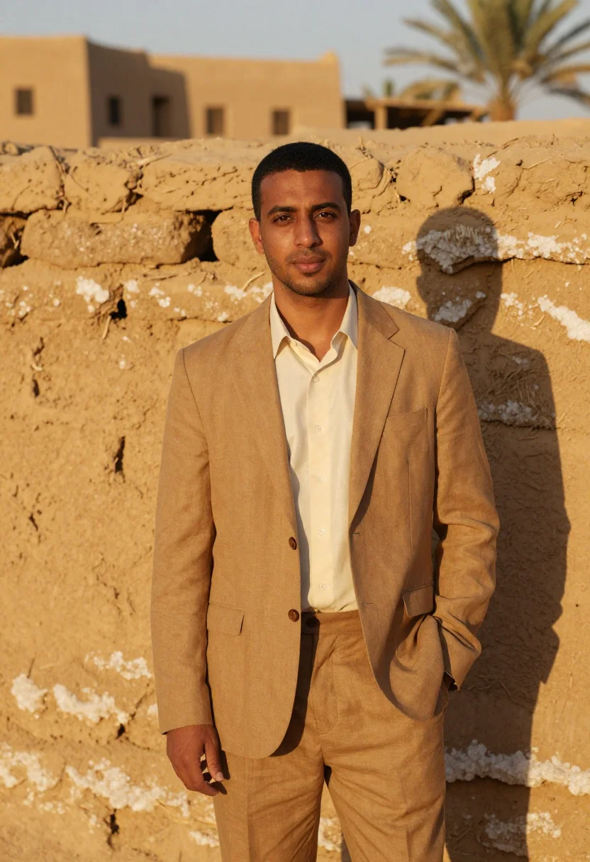 AI siwa oasis hotelier salt mud kershef sample — portrait of a man, an Egyptian hotelier in his mid-thirties