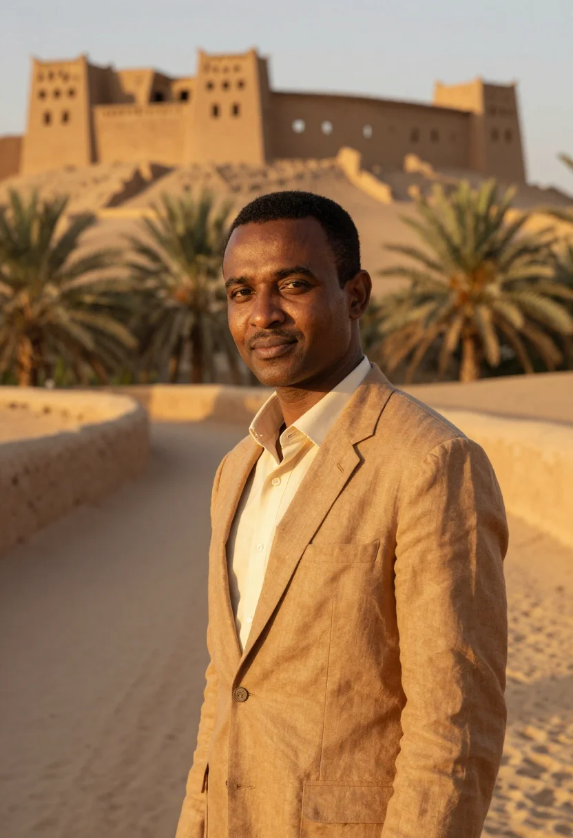 AI siwa oasis hotelier salt mud kershef sample — portrait of a man, a Sudanese hotelier in his mid-forties wi