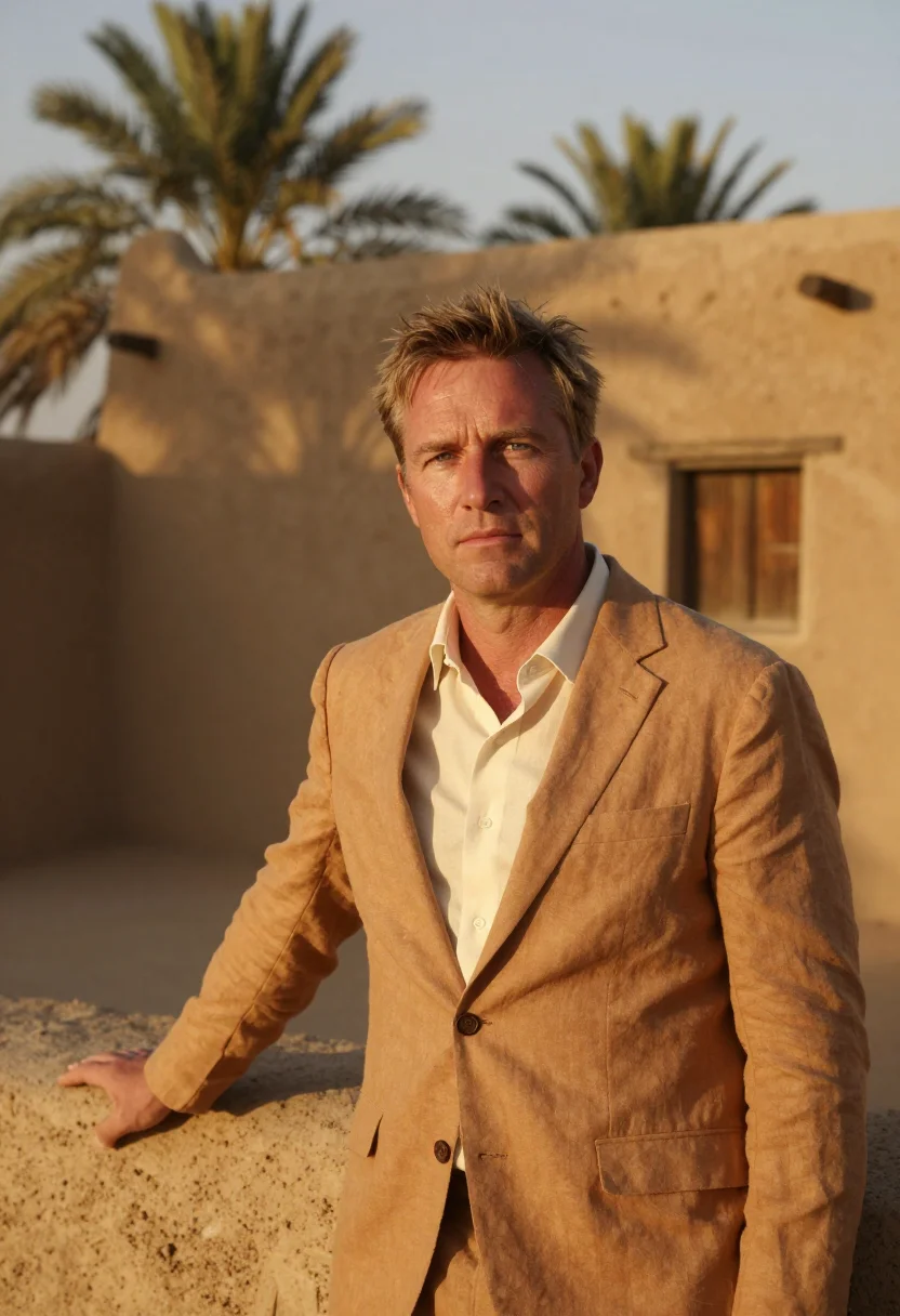 AI siwa oasis hotelier salt mud kershef sample — portrait of a man, a Dutch hotelier in his late forties with