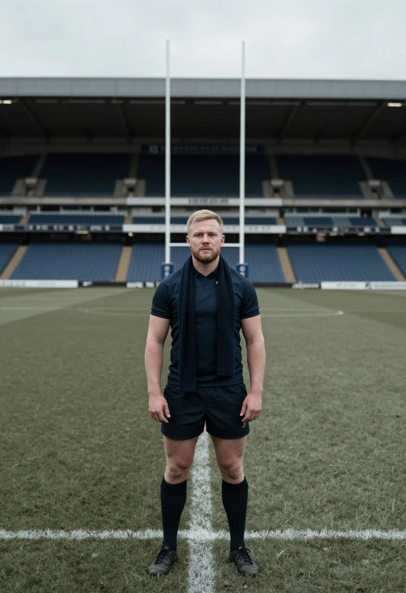 AI six nations murrayfield navy sample — portrait of a man, framed wide from the pitch's edge, the fu