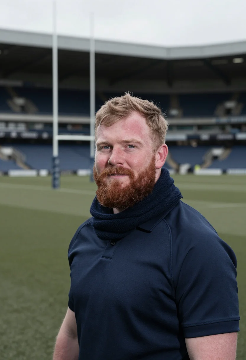 AI six nations murrayfield navy sample — portrait of a man, framed tight, head and shoulders, the bod