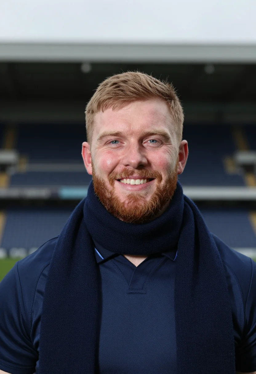 AI six nations murrayfield navy sample — portrait of a man, framed tight, head and shoulders, the bod