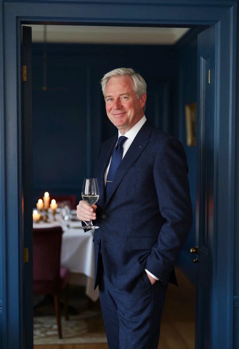 AI sixtieth birthday supper navy sample — portrait of a man, framed half-length from the waist up, the