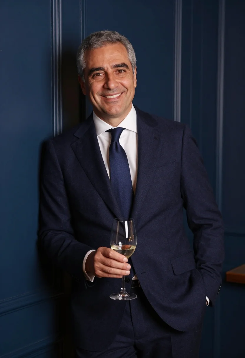 AI sixtieth birthday supper navy sample — portrait of a man, framed half-length from the waist up, the