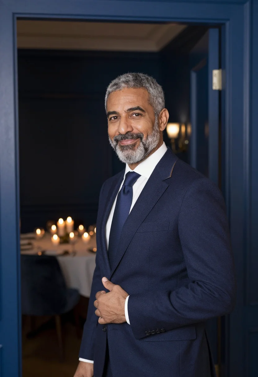 AI sixtieth birthday supper navy sample — portrait of a man, framed chest-up, the crop falling at mid-