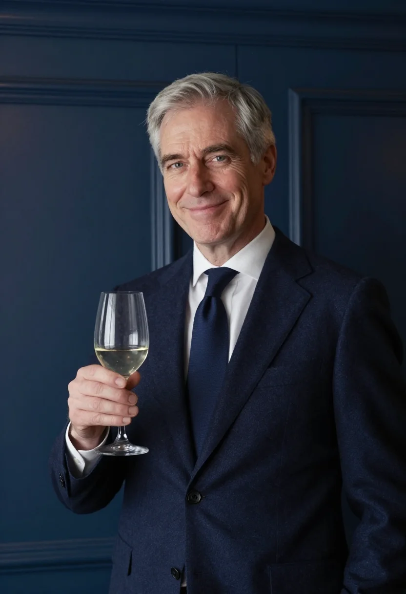 AI sixtieth birthday supper navy sample — portrait of a man, framed chest-up, the crop falling at mid-