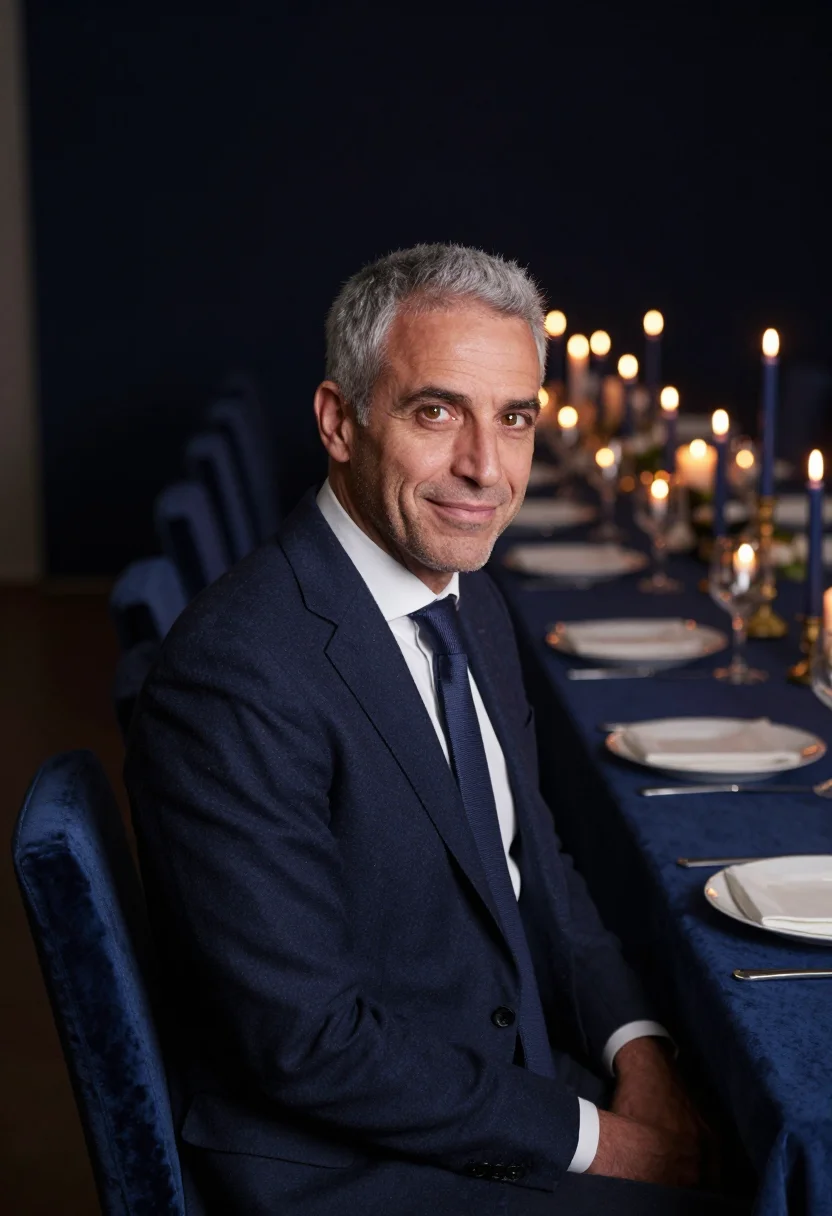 AI sixtieth birthday supper navy sample — portrait of a man, framed tight, head and shoulders, the bod
