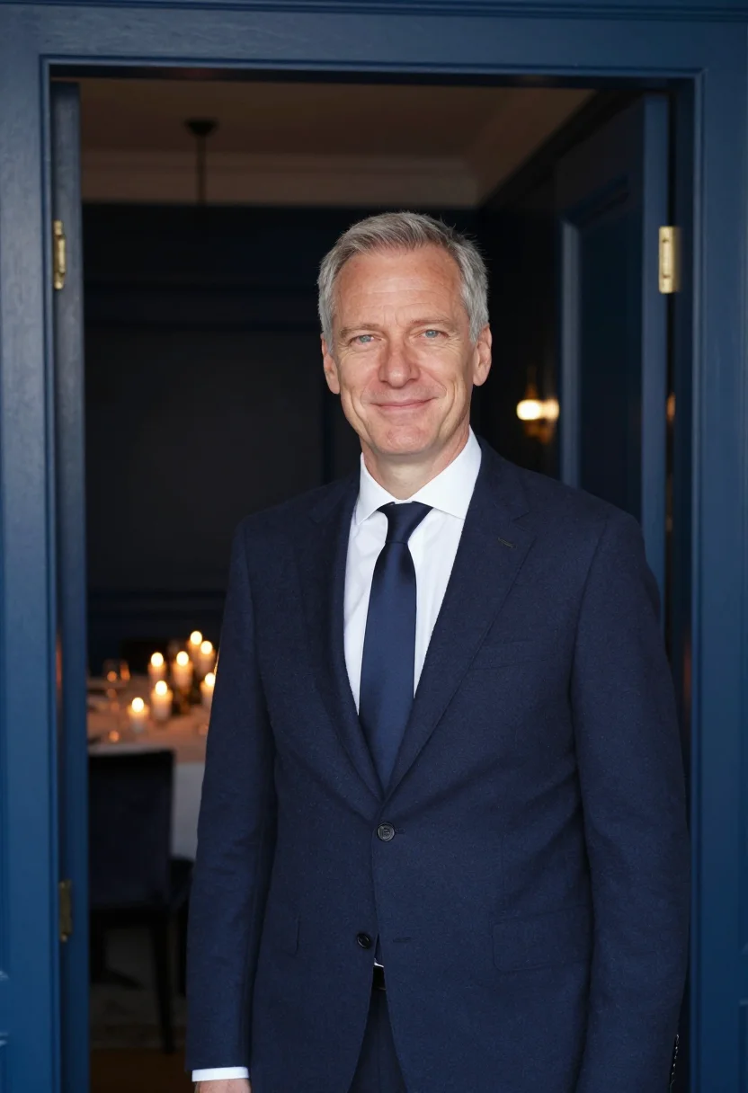 AI sixtieth birthday supper navy sample — portrait of a man, framed tight, head and shoulders, the bod