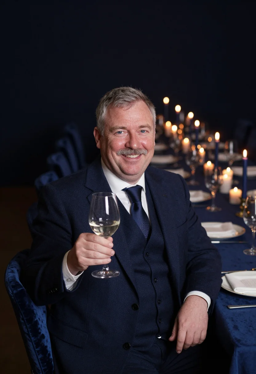 AI sixtieth birthday supper navy sample — portrait of a man, framed chest-up, the crop falling at mid-