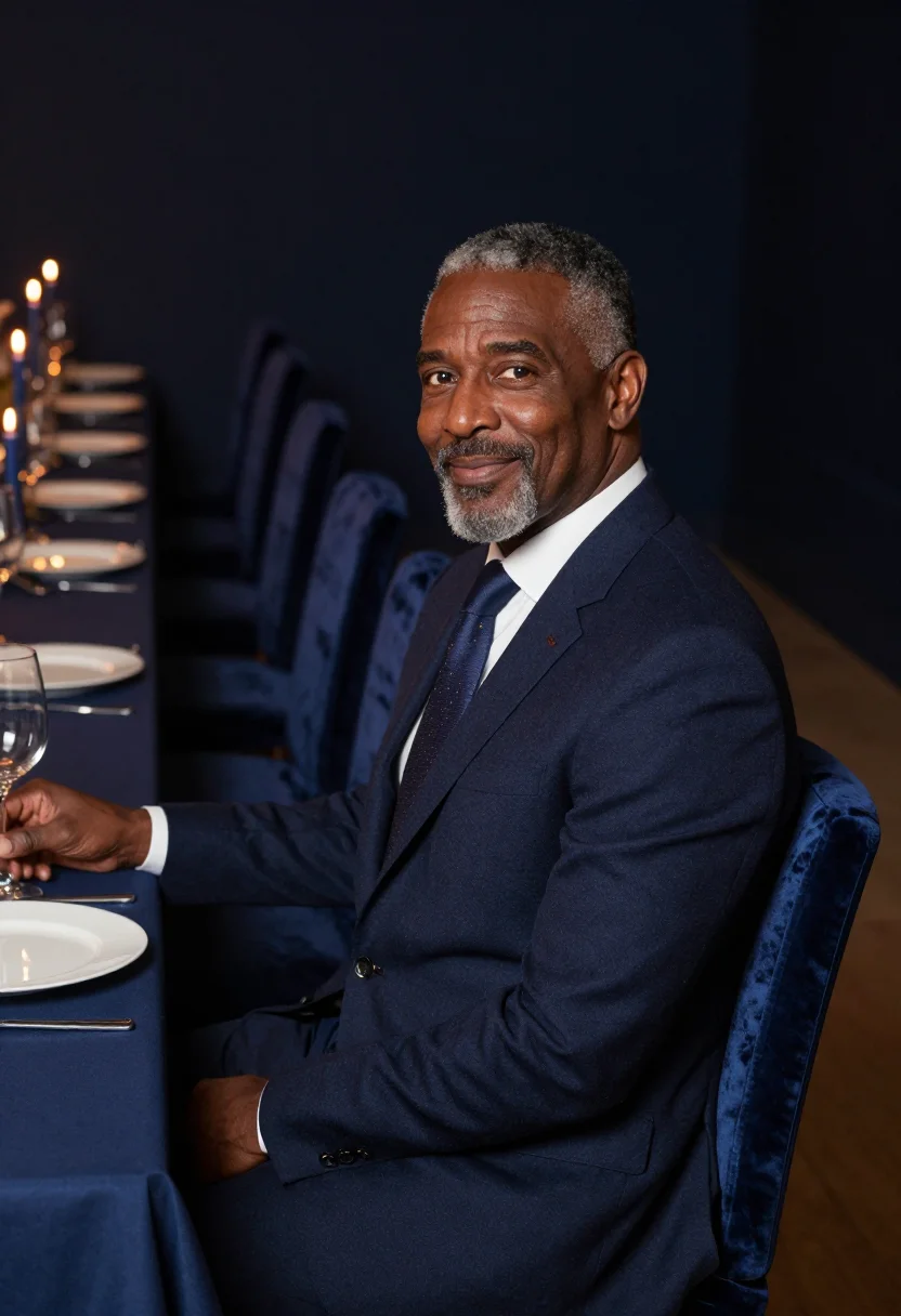 AI sixtieth birthday supper navy sample — portrait of a man, framed half-length from the waist up, the