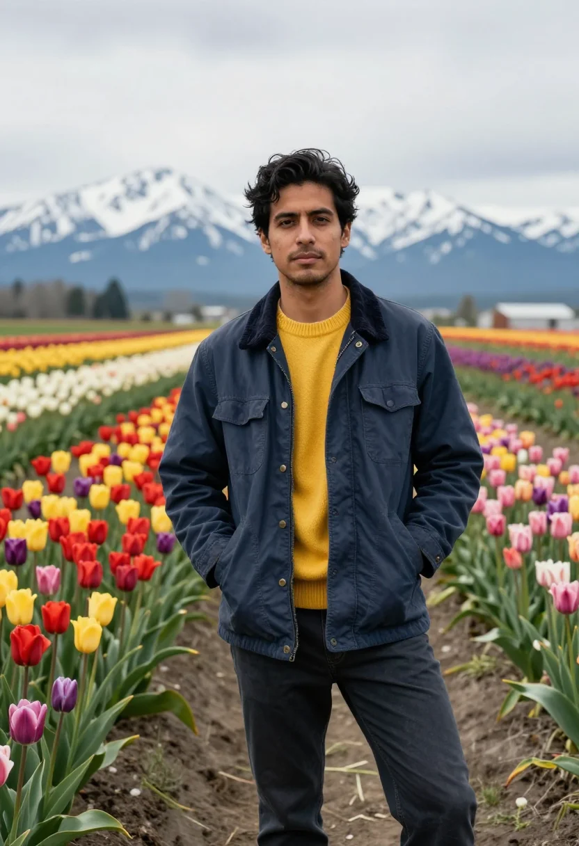 AI skagit valley tulip grower palette sample — portrait of a man, in his late twenties, with honey-brown sk