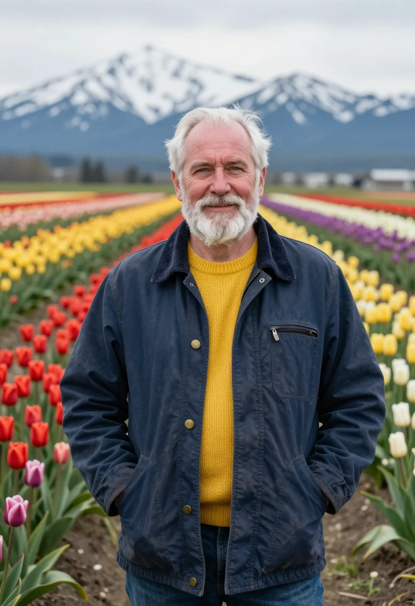 AI skagit valley tulip grower palette sample — portrait of a man, in his late fifties, with fair pink-toned