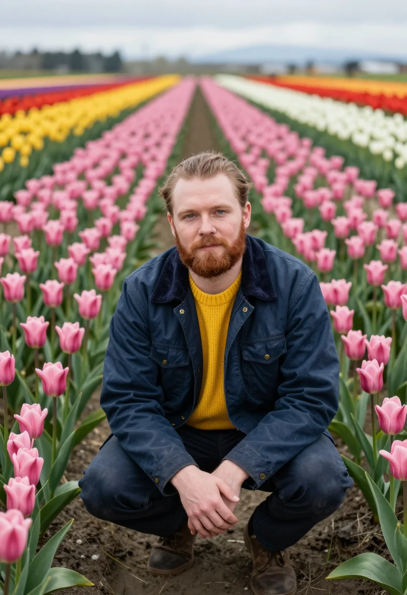 AI skagit valley tulip grower palette sample — portrait of a man, in his mid-thirties, with fair skin, gree