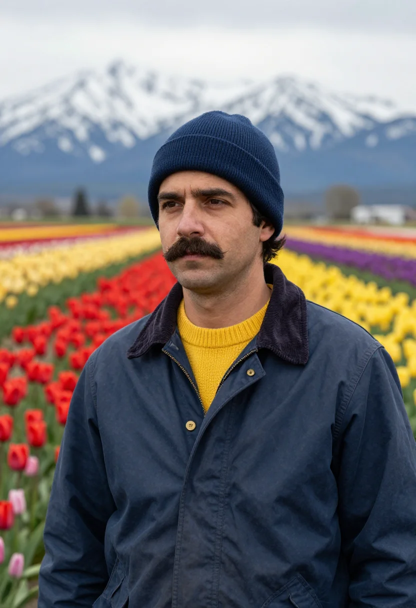 AI skagit valley tulip grower palette sample — portrait of a man, in his early forties, with warm tan skin,