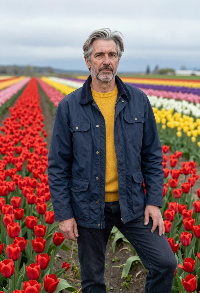 AI skagit valley tulip grower palette sample — portrait of a man, in his early fifties, with fair weathered