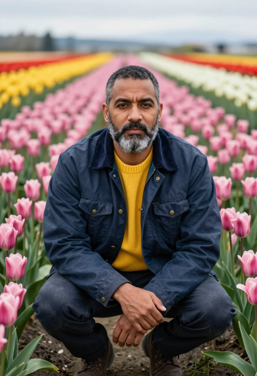 AI skagit valley tulip grower palette sample — portrait of a man, in his late forties, with deep brown skin