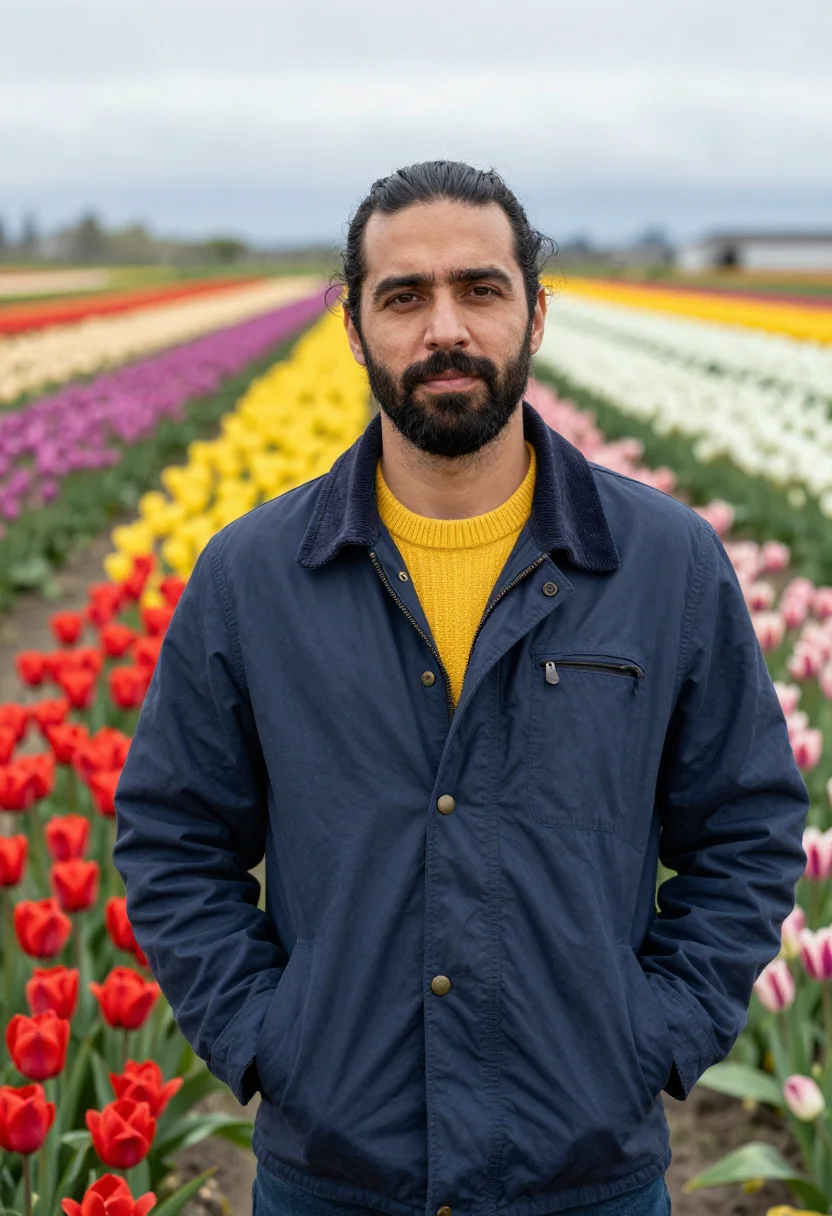 AI skagit valley tulip grower palette sample — portrait of a man, in his mid-forties, with warm olive skin,