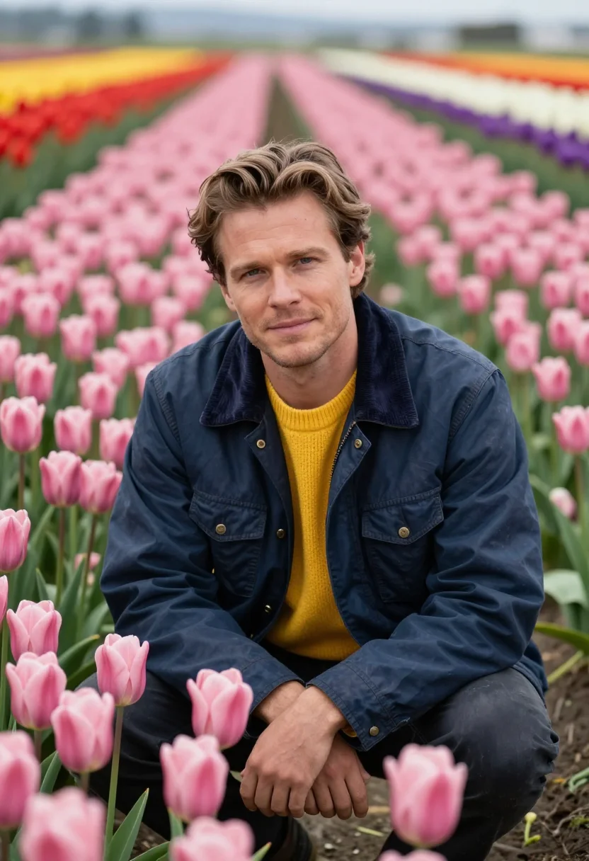 AI skagit valley tulip grower palette sample — portrait of a man, in his early thirties, with golden tan sk
