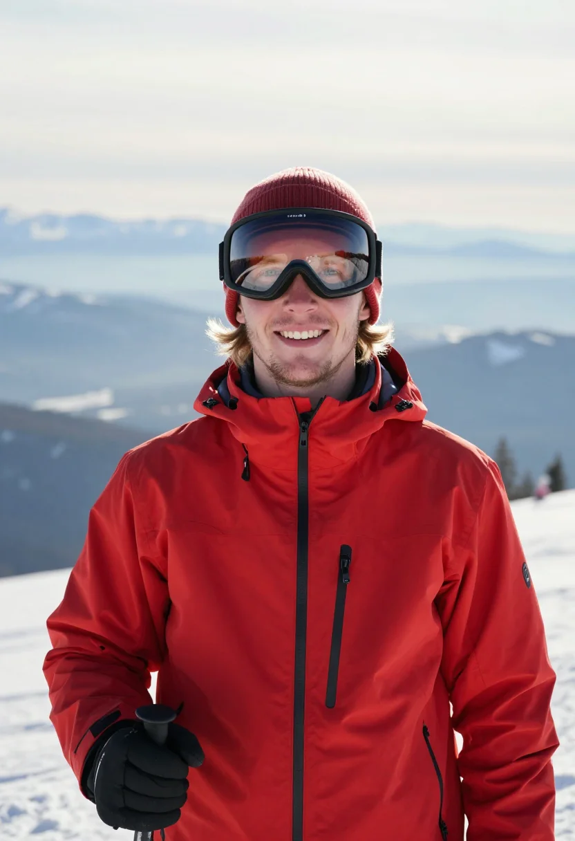 AI ski instructor red sample — portrait of a man, chest-up portrait of a Nordic man in his