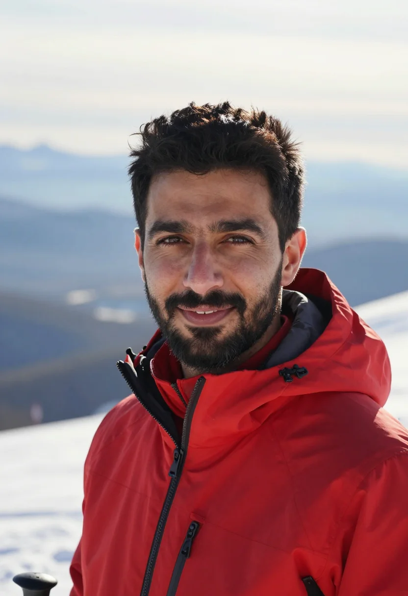 AI ski instructor red sample — portrait of a man, head-and-shoulders portrait of a Middle-E