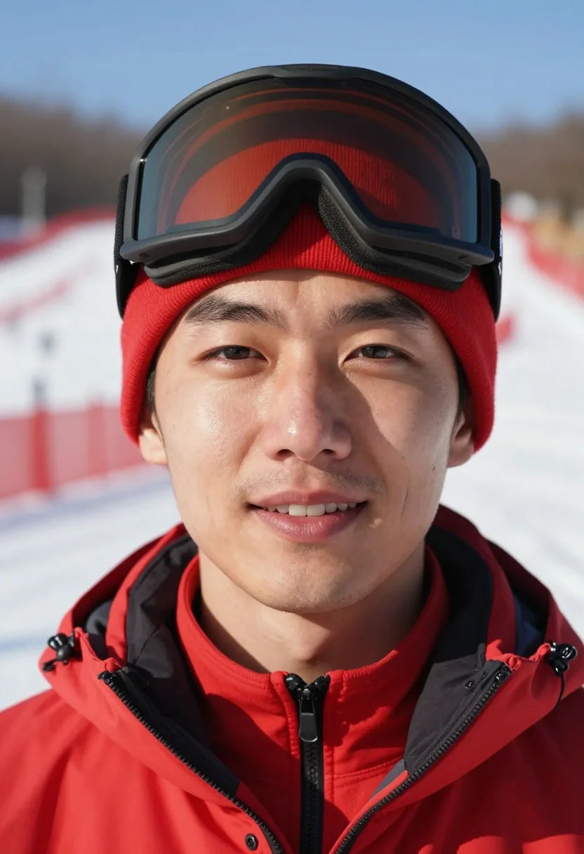 AI ski instructor red sample — portrait of a man, tight headshot of an East-Asian man in hi