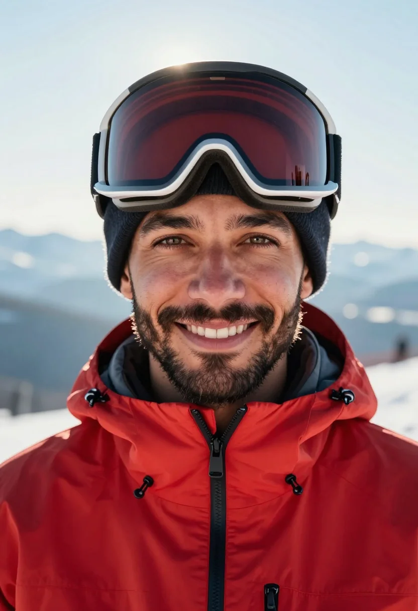AI ski instructor red sample — portrait of a man, tight headshot of a mixed-heritage man in