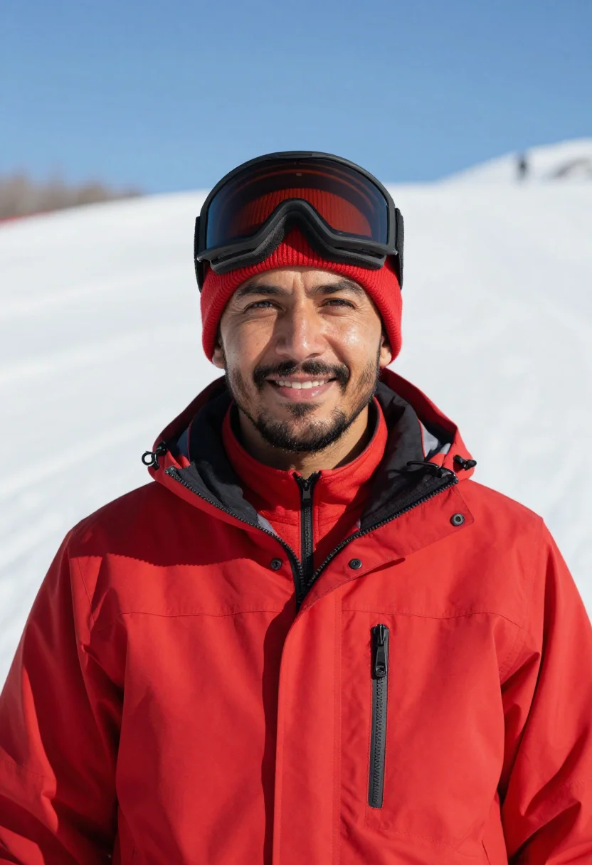 AI ski instructor red sample — portrait of a man, chest-up portrait of a Latin-American man
