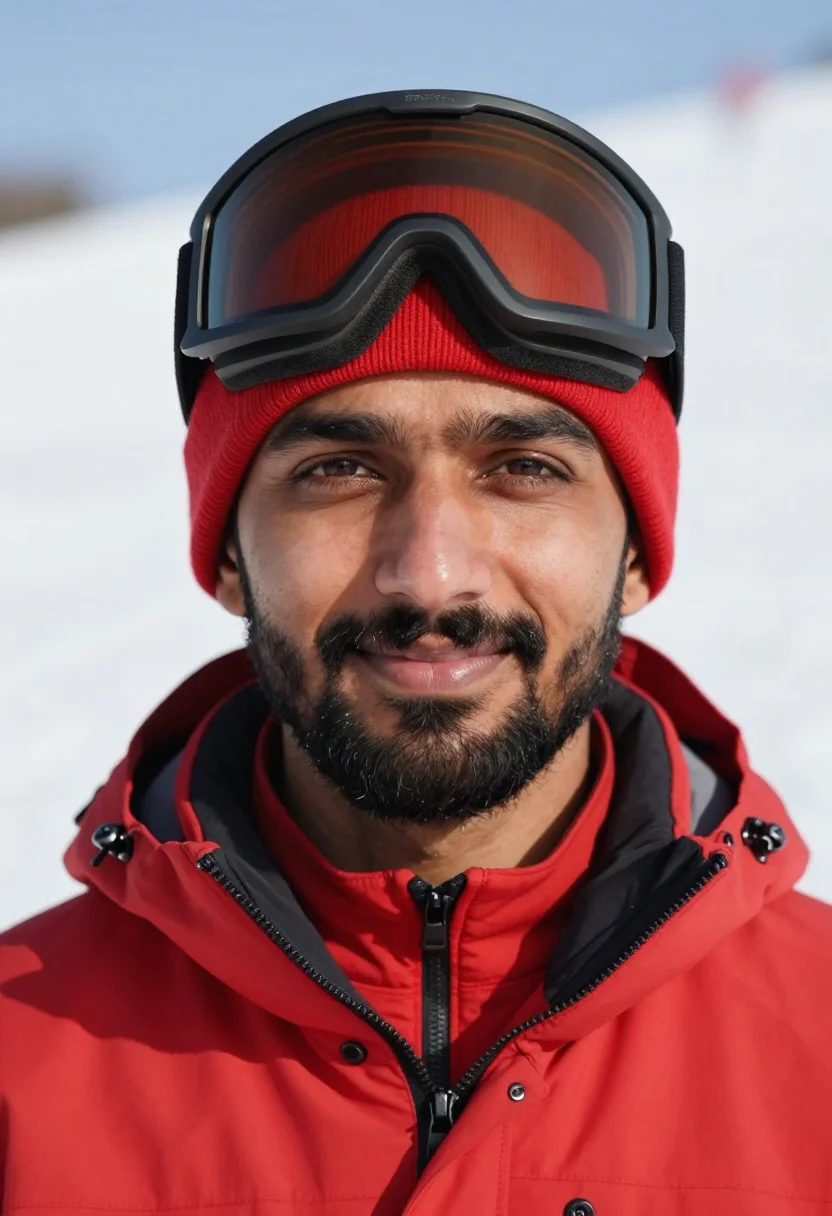 AI ski instructor red sample — portrait of a man, tight headshot of a South-Asian man in hi