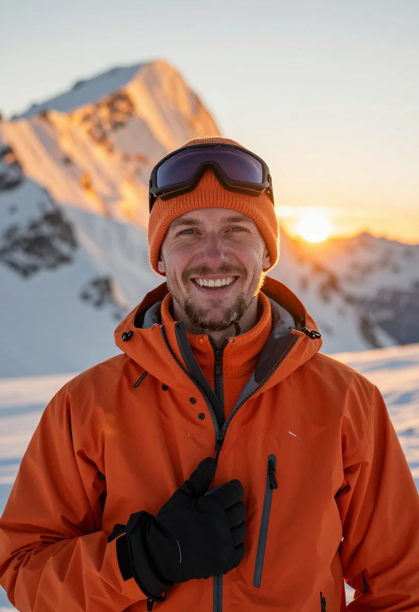 AI ski touring orange sample — portrait of a man, chest-up portrait of a Nordic man in his