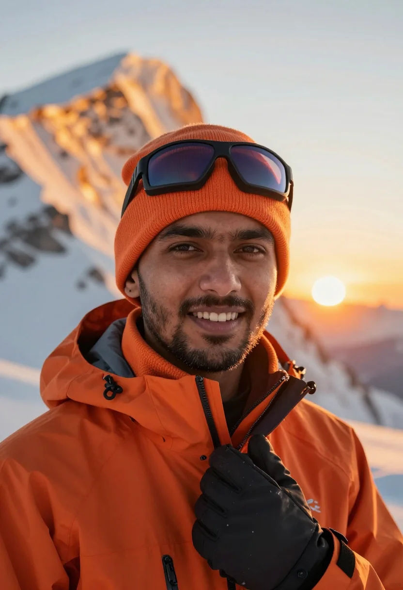 AI ski touring orange sample — portrait of a man, tight headshot of a South-Asian man in hi