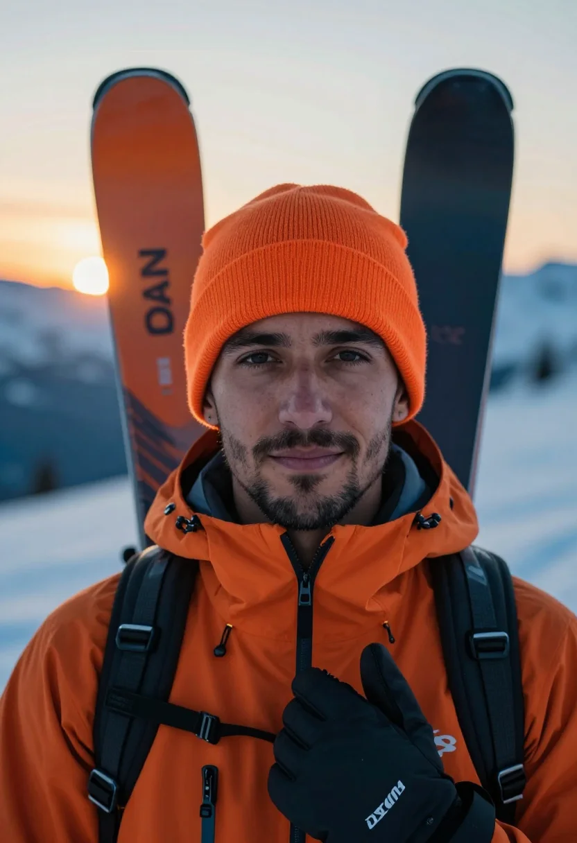 AI ski touring orange sample — portrait of a man, tight headshot of a Latin-American man in