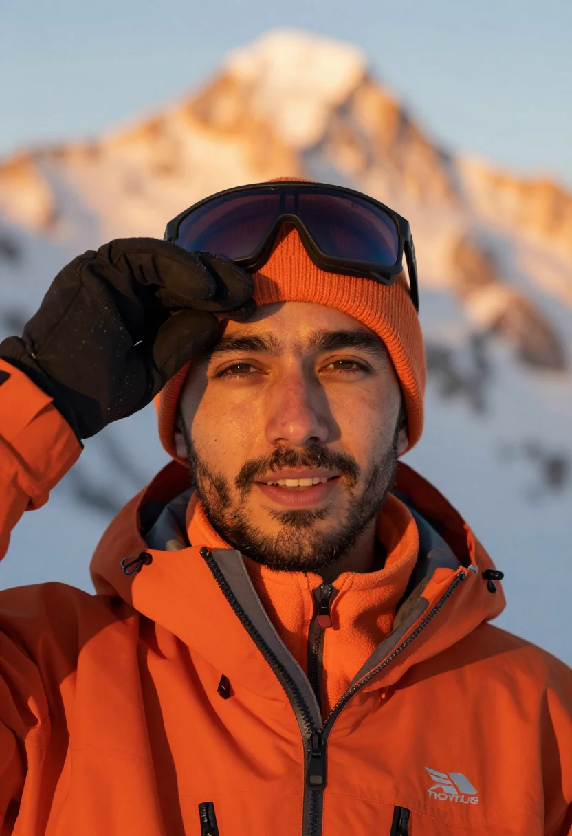 AI ski touring orange sample — portrait of a man, head-and-shoulders portrait of a Mediterr