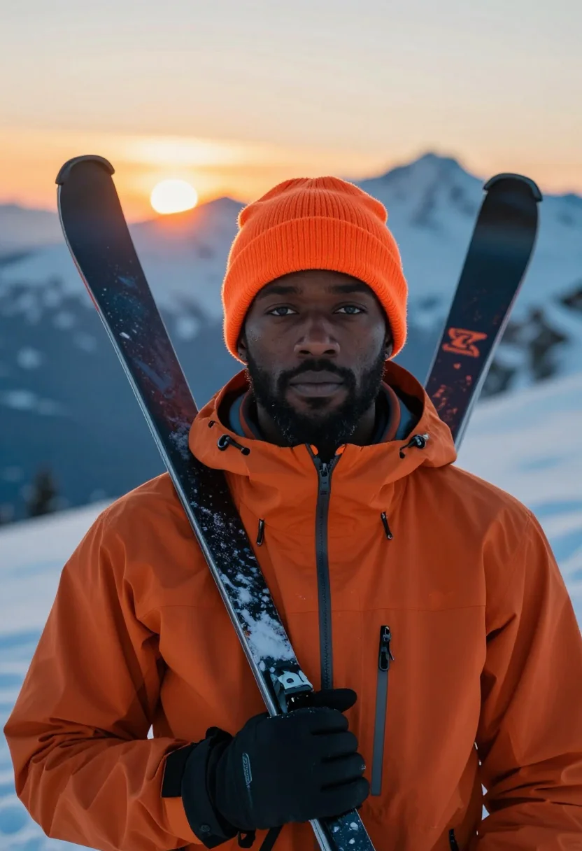 AI ski touring orange sample — portrait of a man, head-and-shoulders portrait of a Black ma