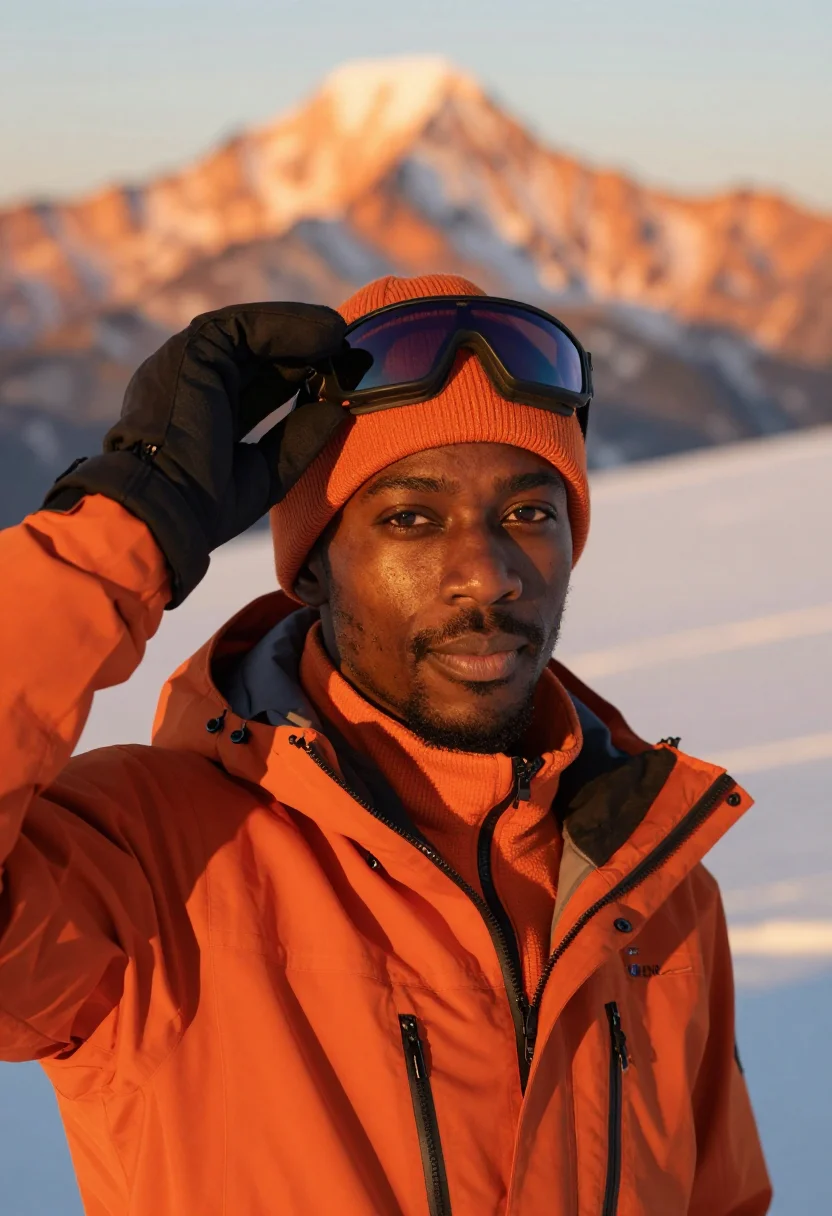 AI ski touring orange sample — portrait of a man, head-and-shoulders portrait of a Black ma