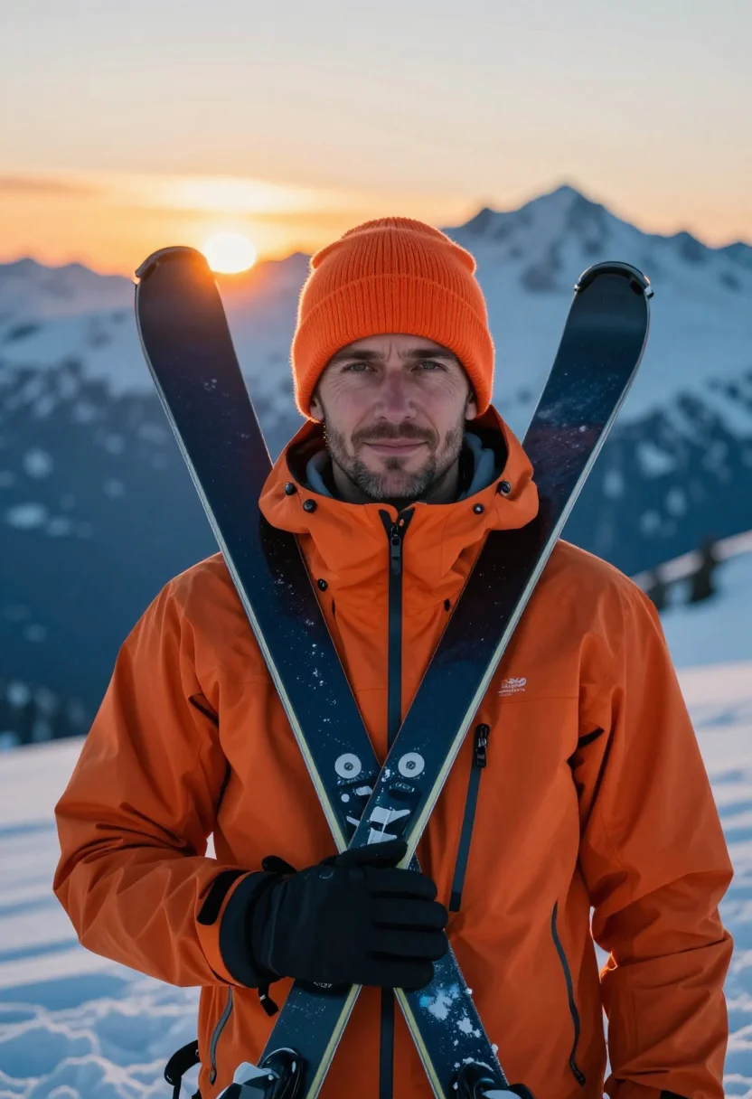 AI ski touring orange sample — portrait of a man, chest-up three-quarter portrait of a West