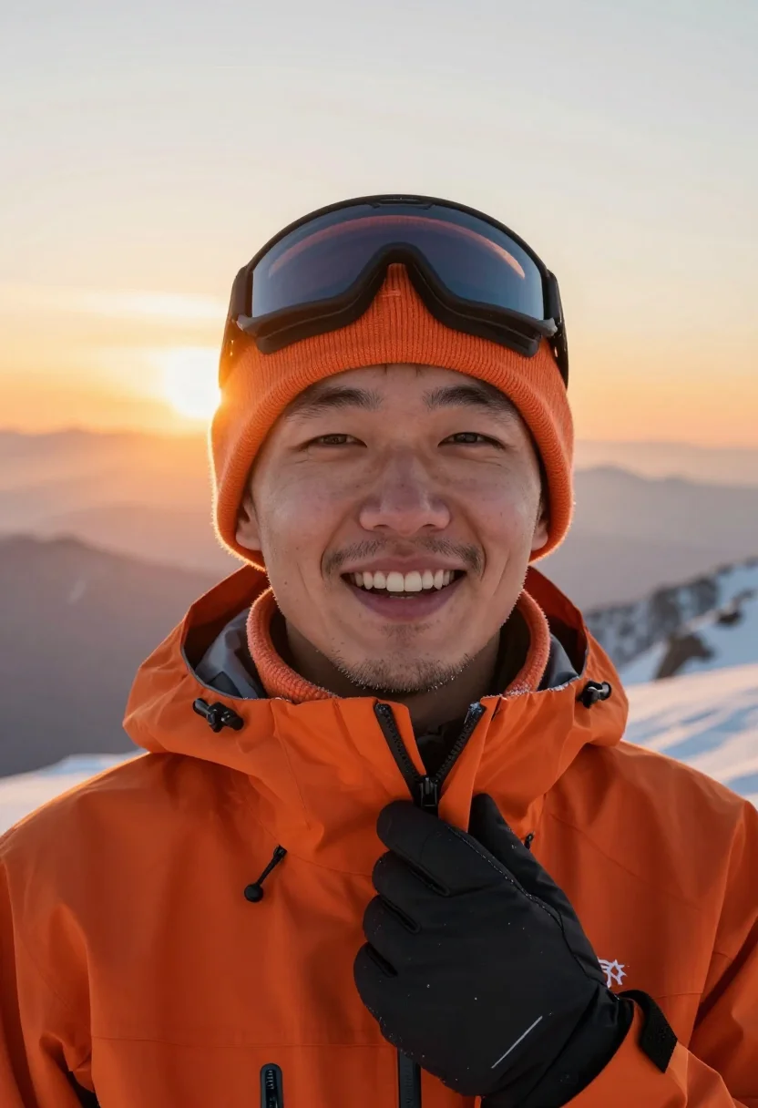AI ski touring orange sample — portrait of a man, tight headshot of an East-Asian man in hi